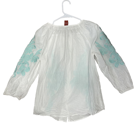 Sundance Sz S Embroidered Blouse Long Sleeve White Peasant Button Travel Aqua - Picture 9 of 9